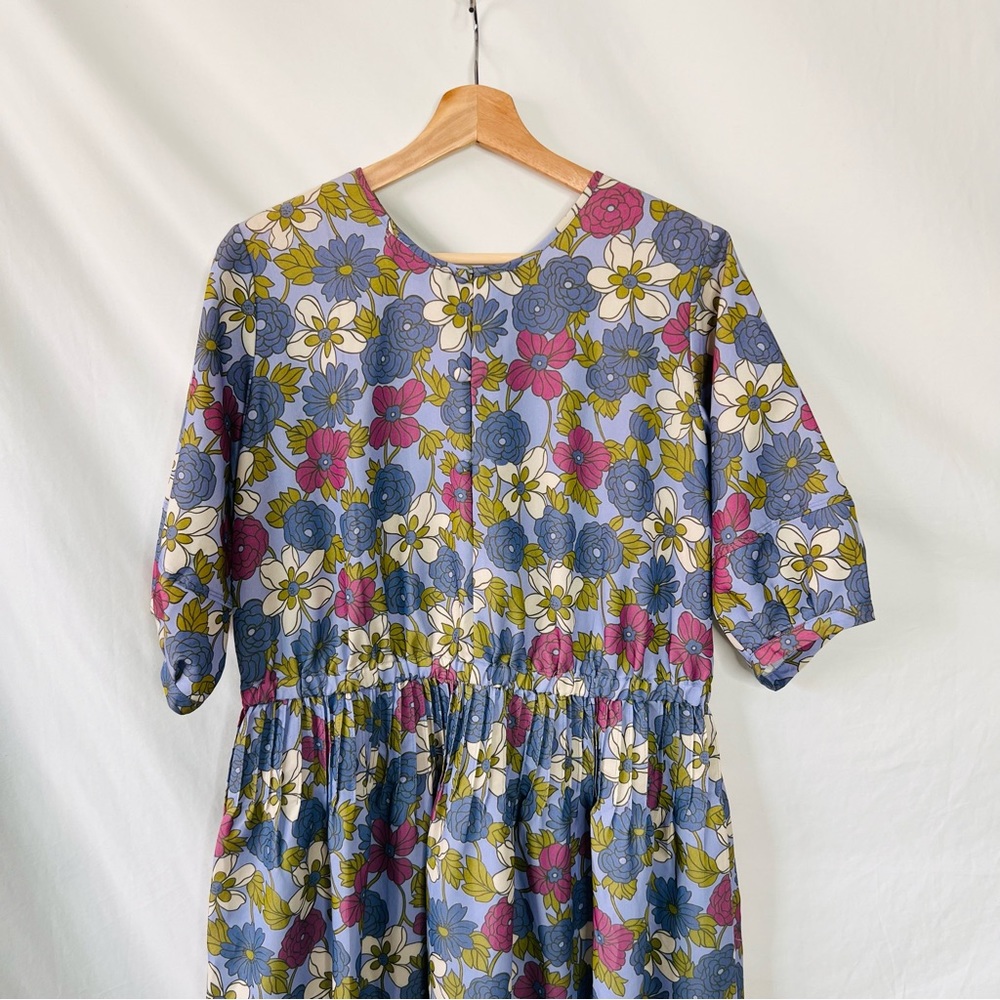 YMC London Floral Midi Smock Dress Size S 70s Mod Blue Pink Cotton Garden - Picture 10 of 16
